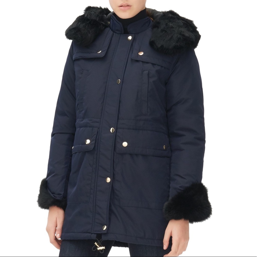 Sandro Melissa Marine Rabbit Fur Puffer with Hood